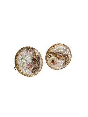 Vintage Lucite Confetti Seahorse Clip Earrings (A9211)
